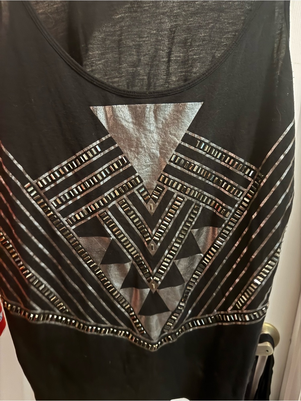 Express Black Tank Top with Silver Geometric Foil and Stud Details Medium